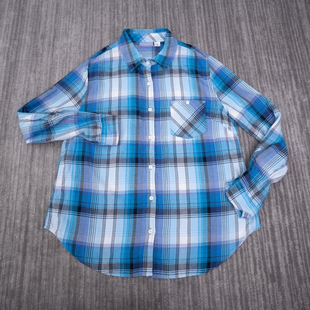 Laura Scott Button Up Shirt Womens L Blue Good Plaid Cotton Long Sleeve